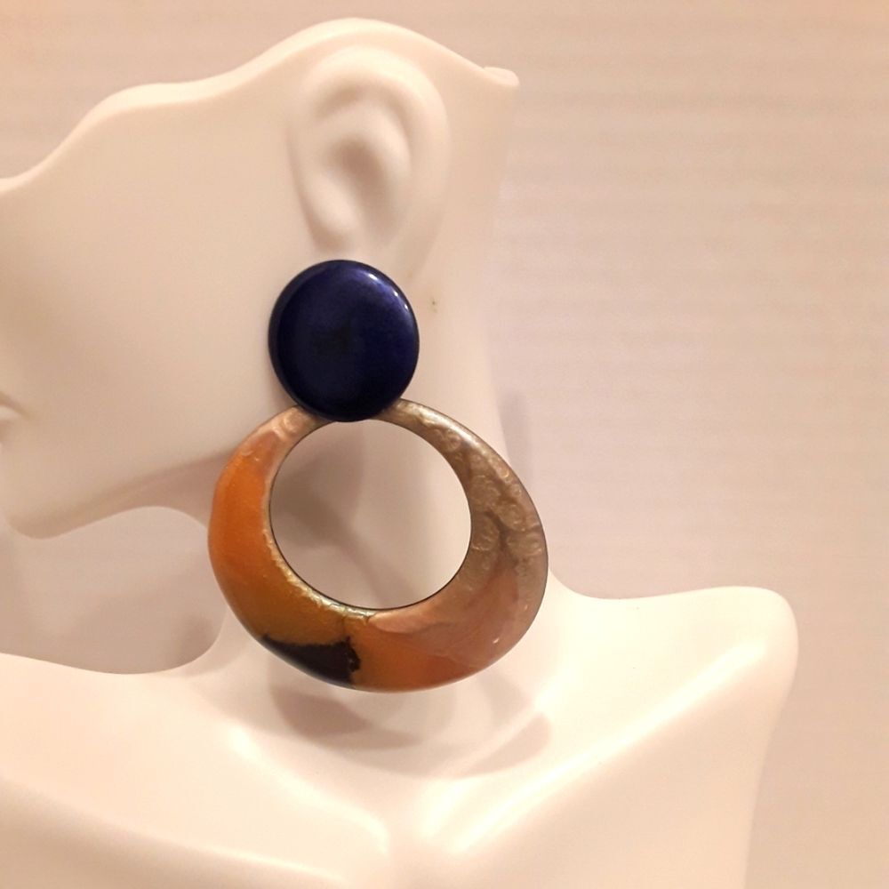 VTG STATEMENT HOOPS ENAMEL & BRASS | YELLOW & NAVY BLUE EARRINGS